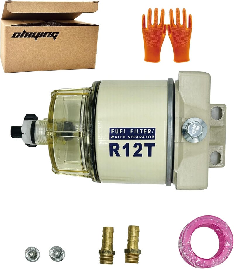 chiying R12T Marine Fuel Water Separator Kit Replace S3240 120AT with 10 Micron Filter Fit 1/4 Inch NPT Outboard Motors Includes 2 fittings,2 plugs. - Image 1